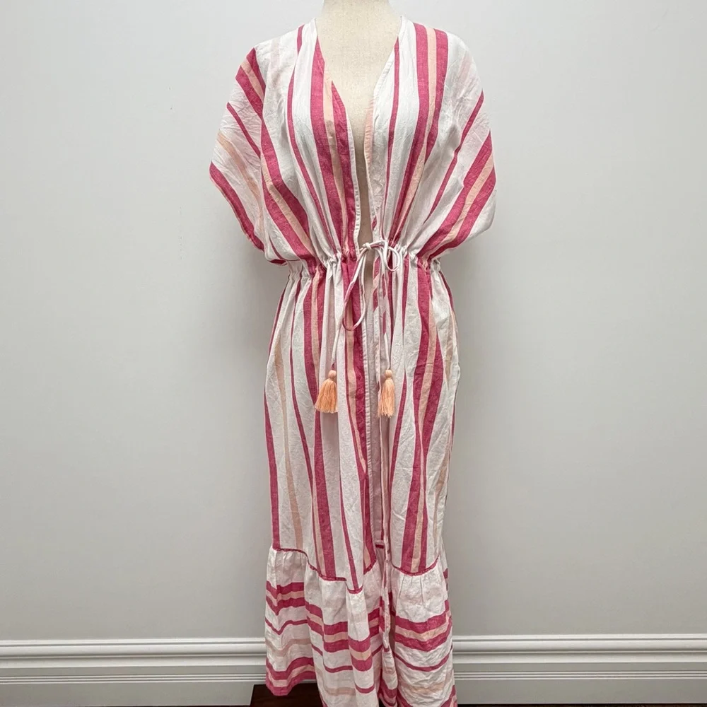 Faherty Stripe Longline Duster Coverup Carmine Pink White Size One Size